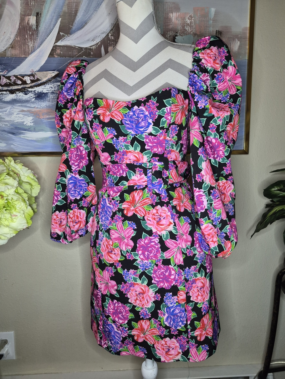 Zara Black Floral Puff-Sleeve Mini Dress - Pink & Purple